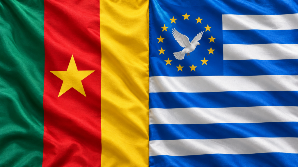 Editorial illustration of Cameroon and Ambazonia flags joined side by side.