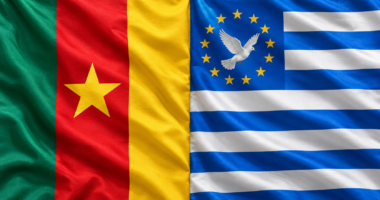 Editorial illustration of Cameroon and Ambazonia flags joined side by side.