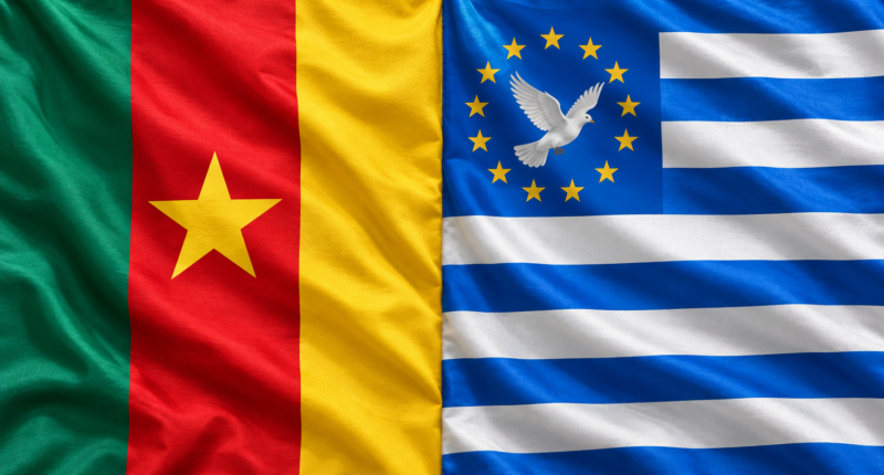 Editorial illustration of Cameroon and Ambazonia flags joined side by side.