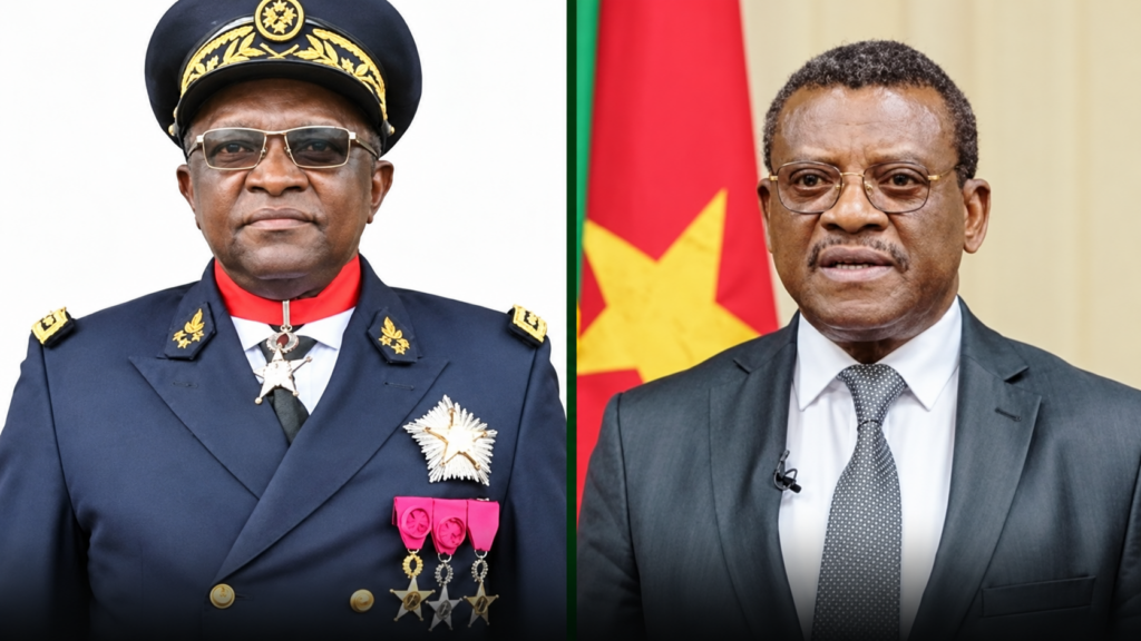 Side-by-side editorial portrait composite of Governor Bernard Okalia Bilai and Prime Minister Joseph Dion Ngute.