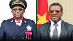 Side-by-side editorial portrait composite of Governor Bernard Okalia Bilai and Prime Minister Joseph Dion Ngute.