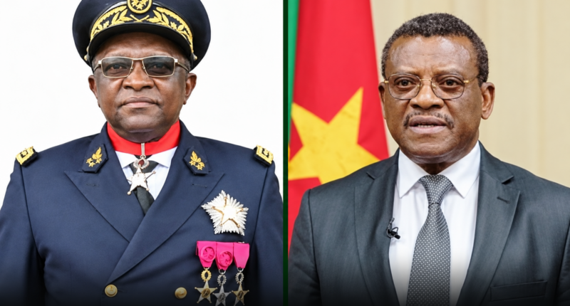 Side-by-side editorial portrait composite of Governor Bernard Okalia Bilai and Prime Minister Joseph Dion Ngute.