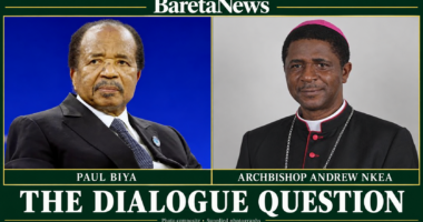 Paul Biya and Archbishop Andrew Nkea in a side-by-side composite based on supplied photographs.
