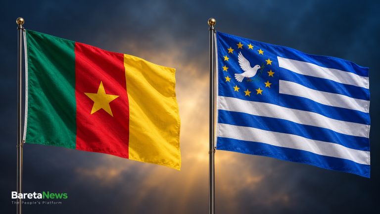 Illustration of the Cameroun and Ambazonia flags flying side by side on separate flagpoles.