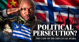 Editorial illustration of Dr Cho Lucas Ayaba with Ambazonia, Cameroun and Norway flags. Credit: @BaretaNews2026.