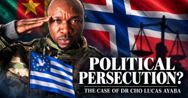 Editorial illustration of Dr Cho Lucas Ayaba with Ambazonia, Cameroun and Norway flags. Credit: @BaretaNews2026.
