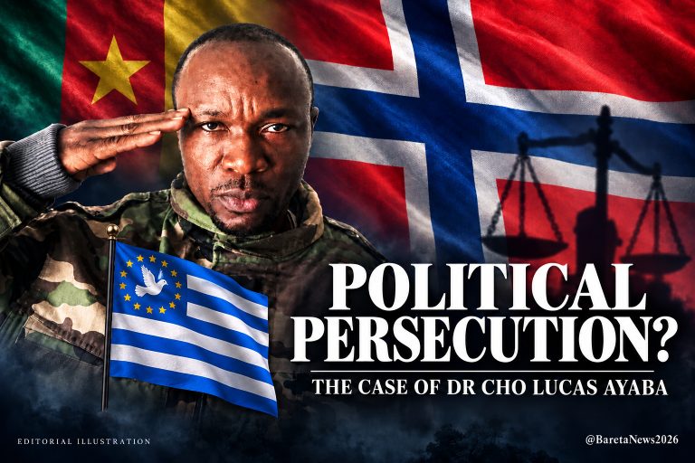 Editorial illustration of Dr Cho Lucas Ayaba with Ambazonia, Cameroun and Norway flags. Credit: @BaretaNews2026.