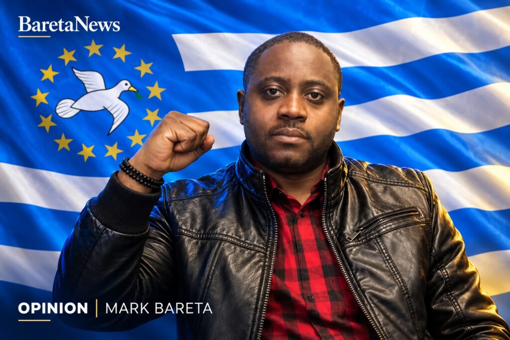 Designed editorial portrait of Mark Bareta raising his fist against an Ambazonia flag backdrop.