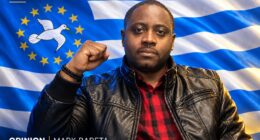 Designed editorial portrait of Mark Bareta raising his fist against an Ambazonia flag backdrop.