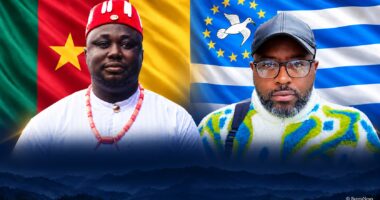 Editorial composite of Okie Hope on the left with the Cameroon flag and Mark Bareta on the right with the Ambazonian flag. © BaretaNews.