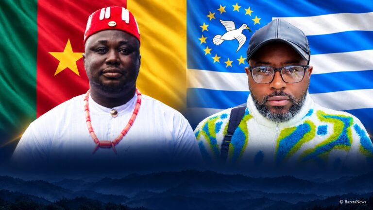 Editorial composite of Okie Hope on the left with the Cameroon flag and Mark Bareta on the right with the Ambazonian flag. © BaretaNews.