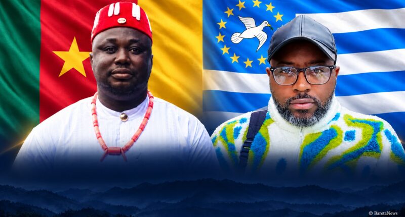 Editorial composite of Okie Hope on the left with the Cameroon flag and Mark Bareta on the right with the Ambazonian flag. © BaretaNews.